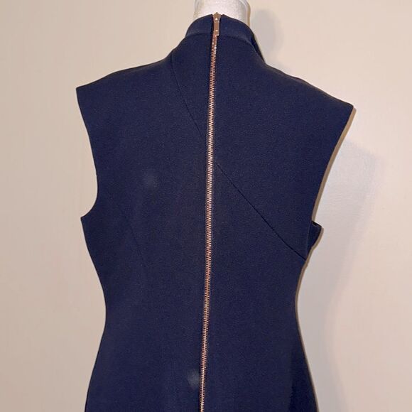 Ted Baker 14 (5) Navy Geodese V Neck Front Slit Back Zip Sleeveless Shift Dress - Picture 5 of 16